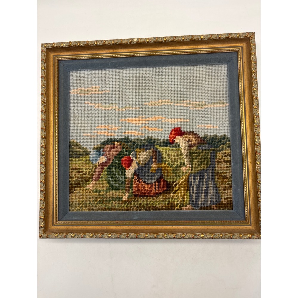 Vtg THE GLEANERS Art Framed 14x12.5" Cross Stitch Jean Francois Millet Art
